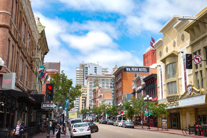 A street lined with businesses in the Gaslamp District. 