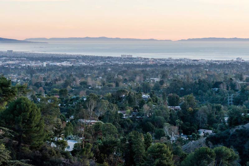 A view of the Pacific Ocean and the greater city from the hills of Brentwood. 