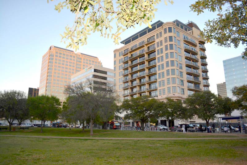 High rise residential buildings and a large park in downtown Austin. 