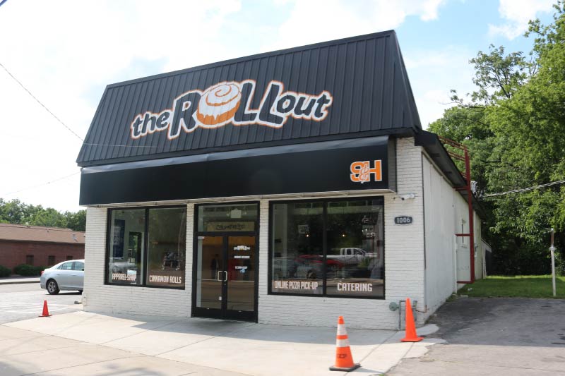 Exterior view of The Rolllout, a cinnamon roll shop in the Buchanan Arts District of Nashville, Tennessee 