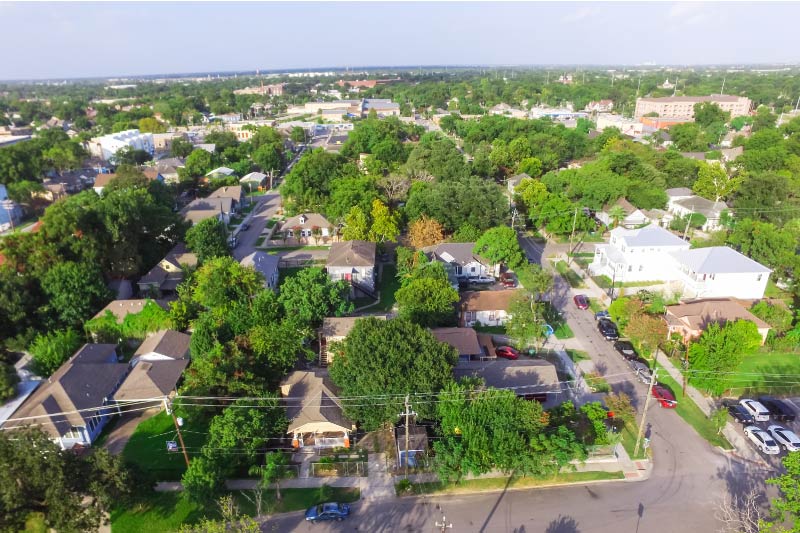 An aerial view above a Houston neighborhood. 