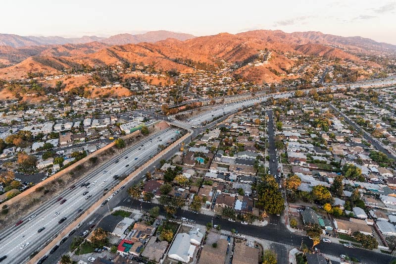 An aerial view overlooking homes in the Burbank area. 