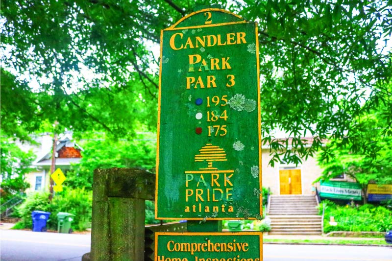 The sign at the second hole of the Candler Park Golf Course