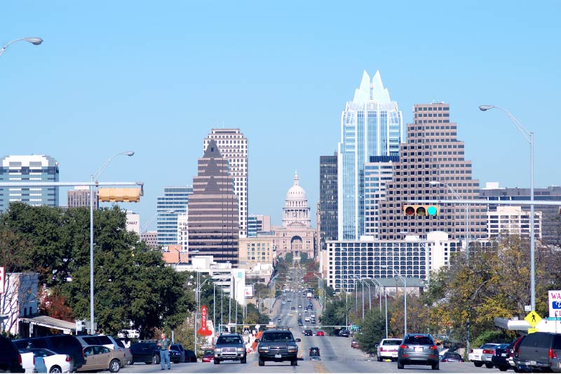 Southern view of the Texas Capitol from South Congress. 