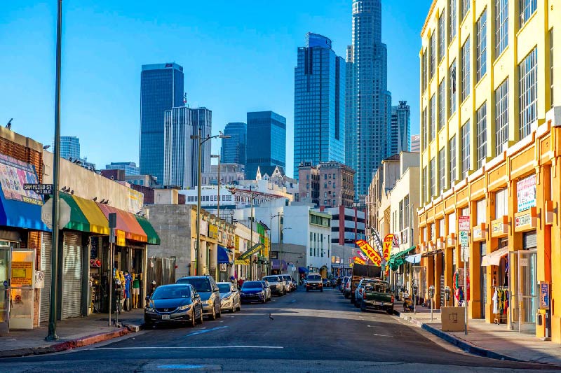 A street overlooking the skyscrapers in Downtown Los Angeles