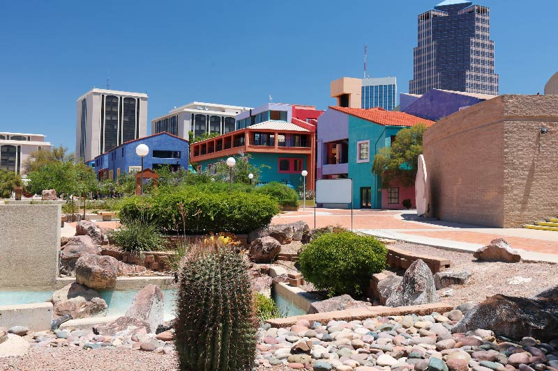 A colorful building near La Placita Park. 