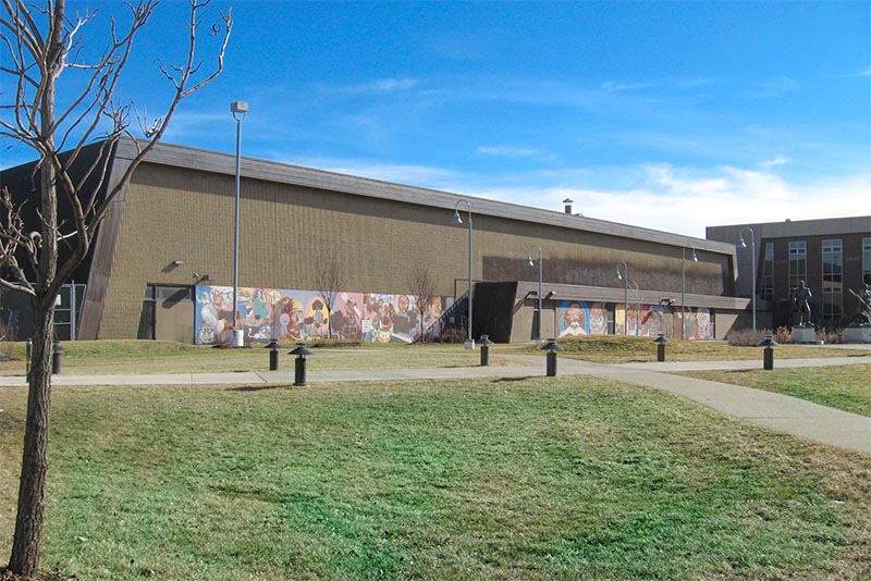 A front view of Benito Juarez Community Academy in Pilsen Chicago