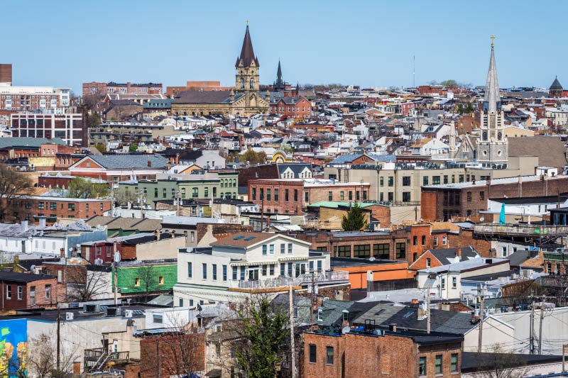 An aerial view over Highland Town - Arts District. 