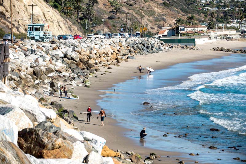 People walking along Will Rogers State Beach. 