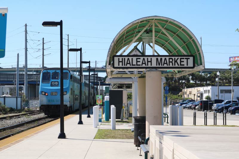 The Florida Tri-Rail train stopping at the Hialeah Market stop. 