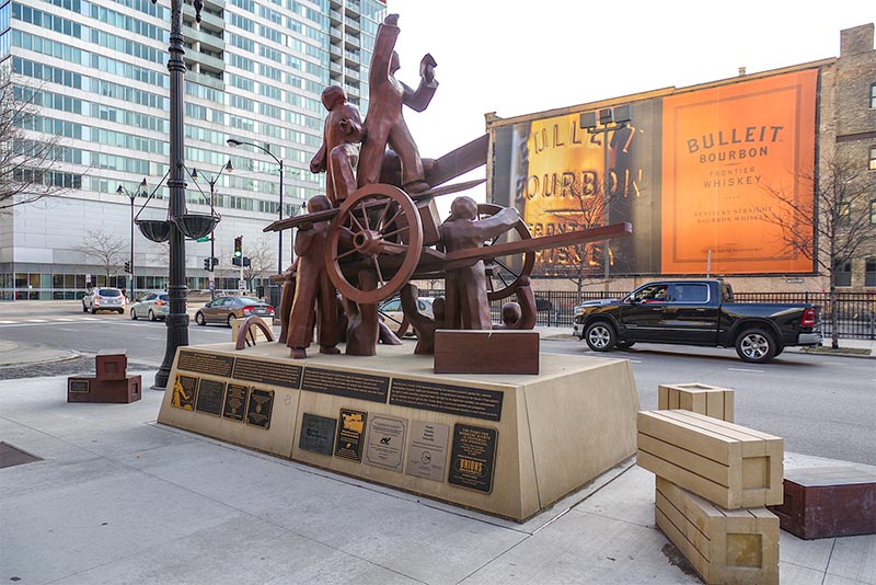 The Haymarket Memorial commemorating the Haymarket Affair in West Loop Chicago