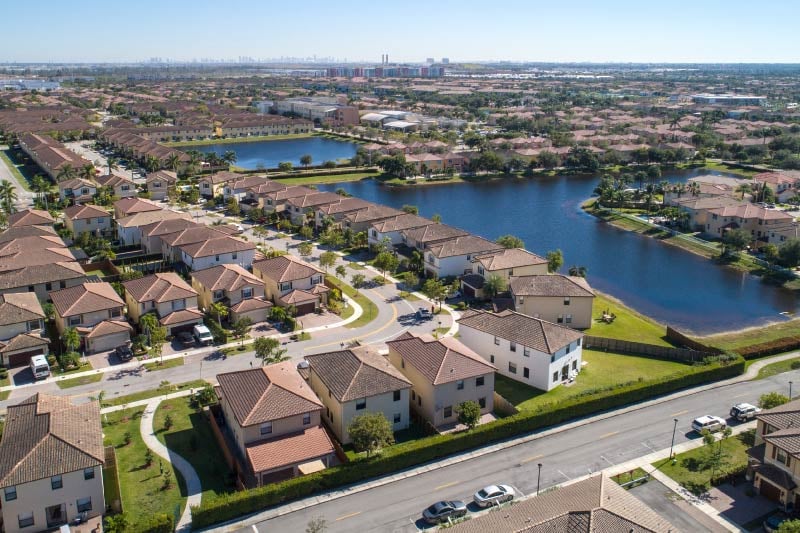 An aerial view over homes in Doral, Florida. 