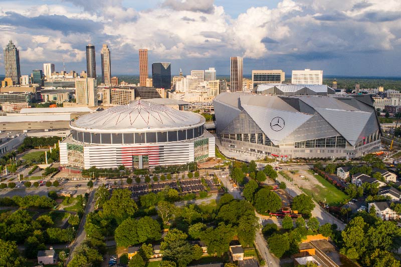 The Mercedes Benz Stadium in Castleberry HIll, Atlanta. 