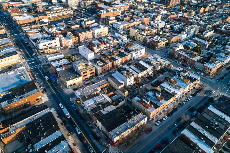 An aerial view above Highlandtown