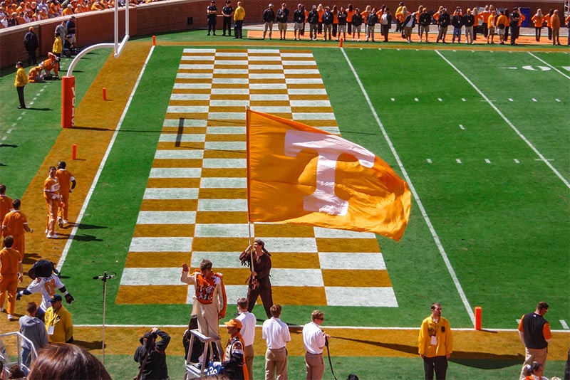 A man waves a Tennessee Volunteers flag in Knoxville