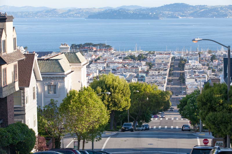 A north view down a hill in the Pacific Heights neighborhood. 