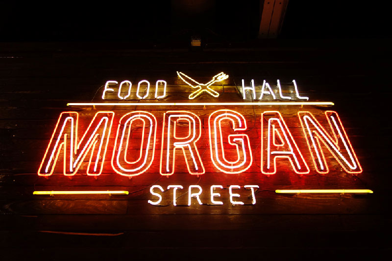 Neon sign for Morgan Food Hall
