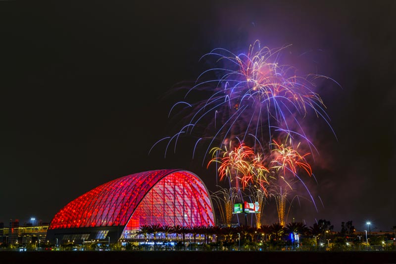 Fireworks over the Anaheim Regional Intermodal Transit Center in Anaheim, California