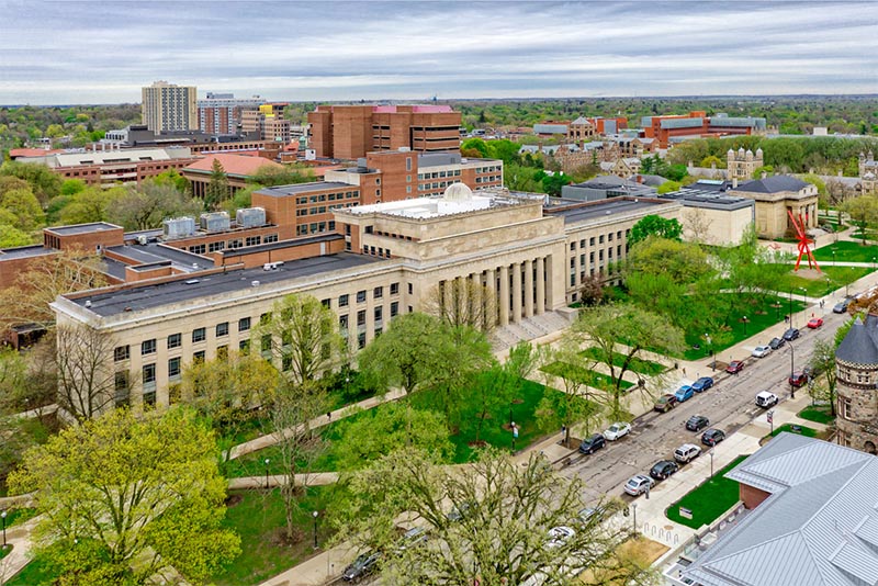 An aerial view of campus buildings at the University of Michigan in Ann Arbor Michigan