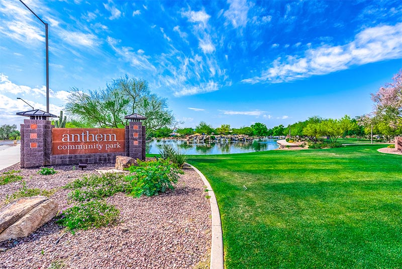 A large park and community sign in the Anthem MPC of Arizona