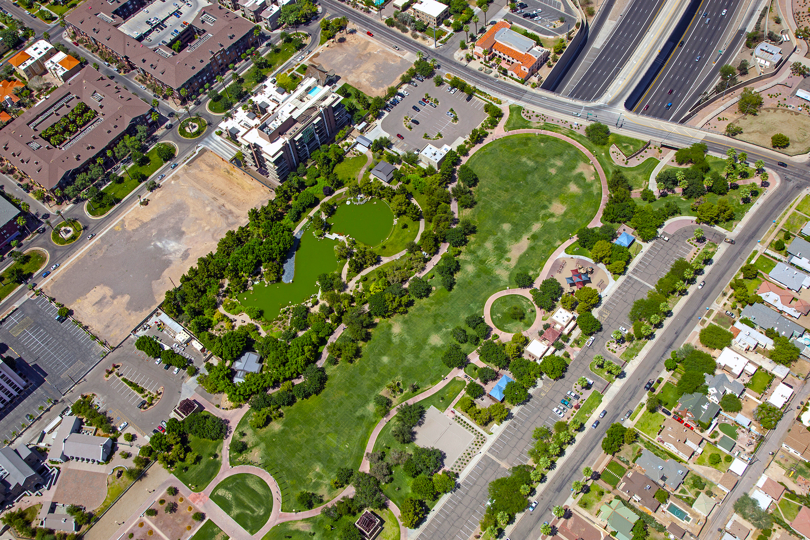 An aerial view of Margaret T. Hance Park built over Highway 10