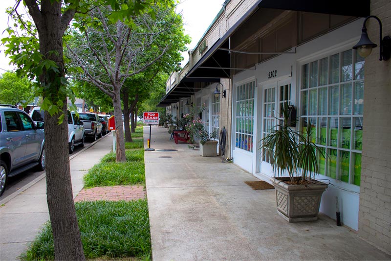 businesses and trees along neighborhood sidewalk