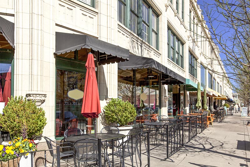 A row of restaurants with patio seating in Asheville North Carolina