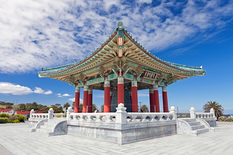 Exterior of Korean pagoda housing the Korean Friendship Bell.