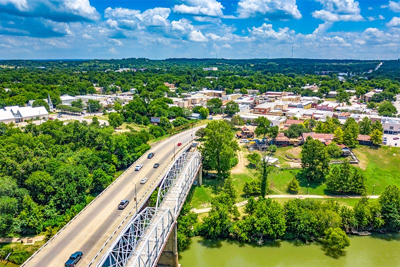 An overhead shot of the bridge leading to Bastrop, Texas outside Austin