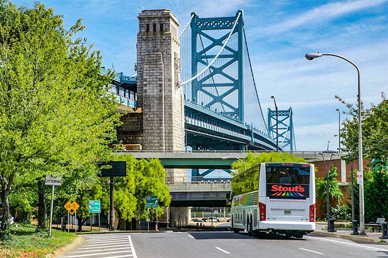 A bus passes by a bridge in Philadelphia