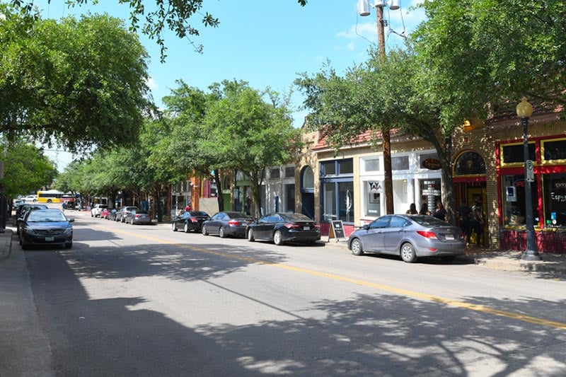 Trees lining a street in the Bishop Arts District in Dallas, Texas