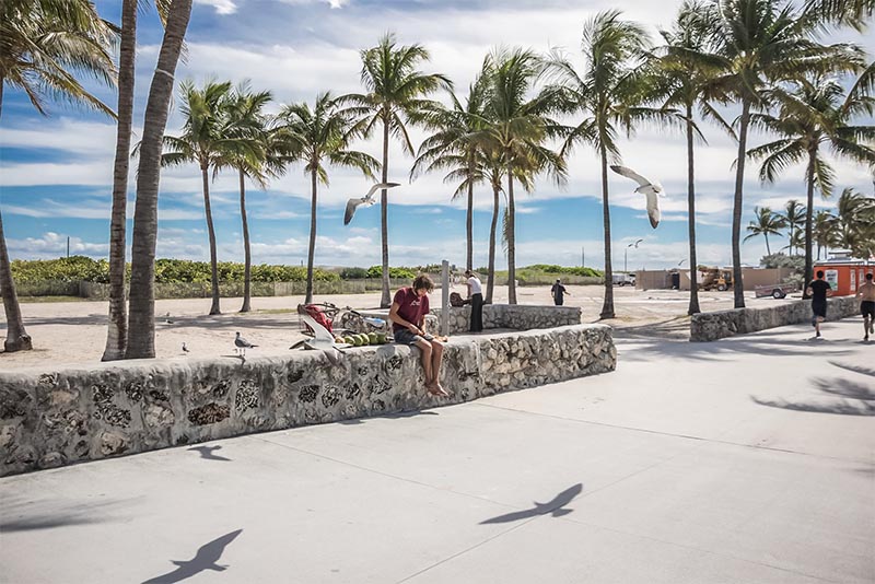 A man shucks coconuts in South Beach, Miami, Florida