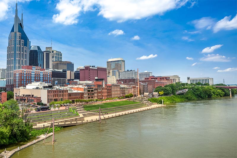 The Cumberland River sits beside downtown Nashville, TN.