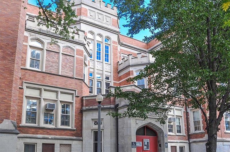 A large brick and stone elementary school towers above trees in Bridgeport Chicago