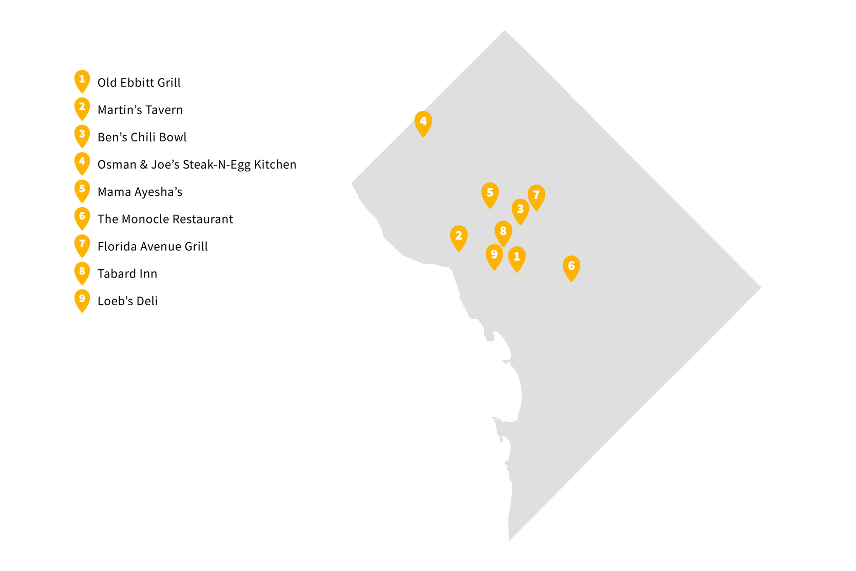 Map of Washington DC showing historic restaurants 