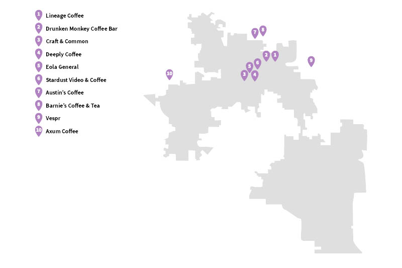 A gray outline of Orlando showing the locations of many different coffee shops using purple pins
