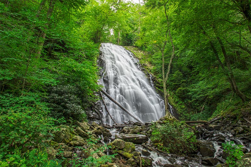 A large waterfall crashes over rocks in the Charlotte area of North Carolina