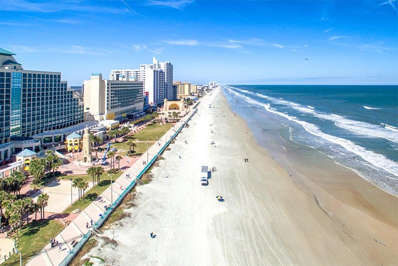 An aerial view of the beach and coastline in Daytona Beach Florida