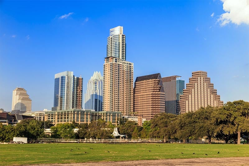 The downtown area of Austin Texas with skyscrapers