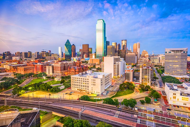 The Downtown Dallas skyline at dusk