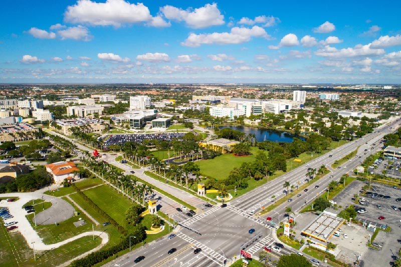 Aerial view of the University of Miami campus and area.