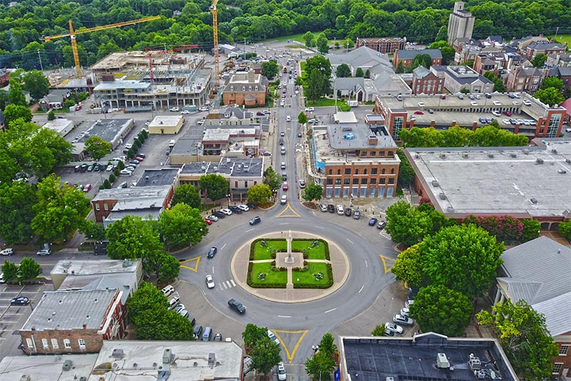 An aerial overhead view of the Downtown area of Franklin Tennessee outside Nashville