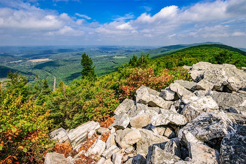 A view of Hawk Mountain from along a rocky path in Philadelphia