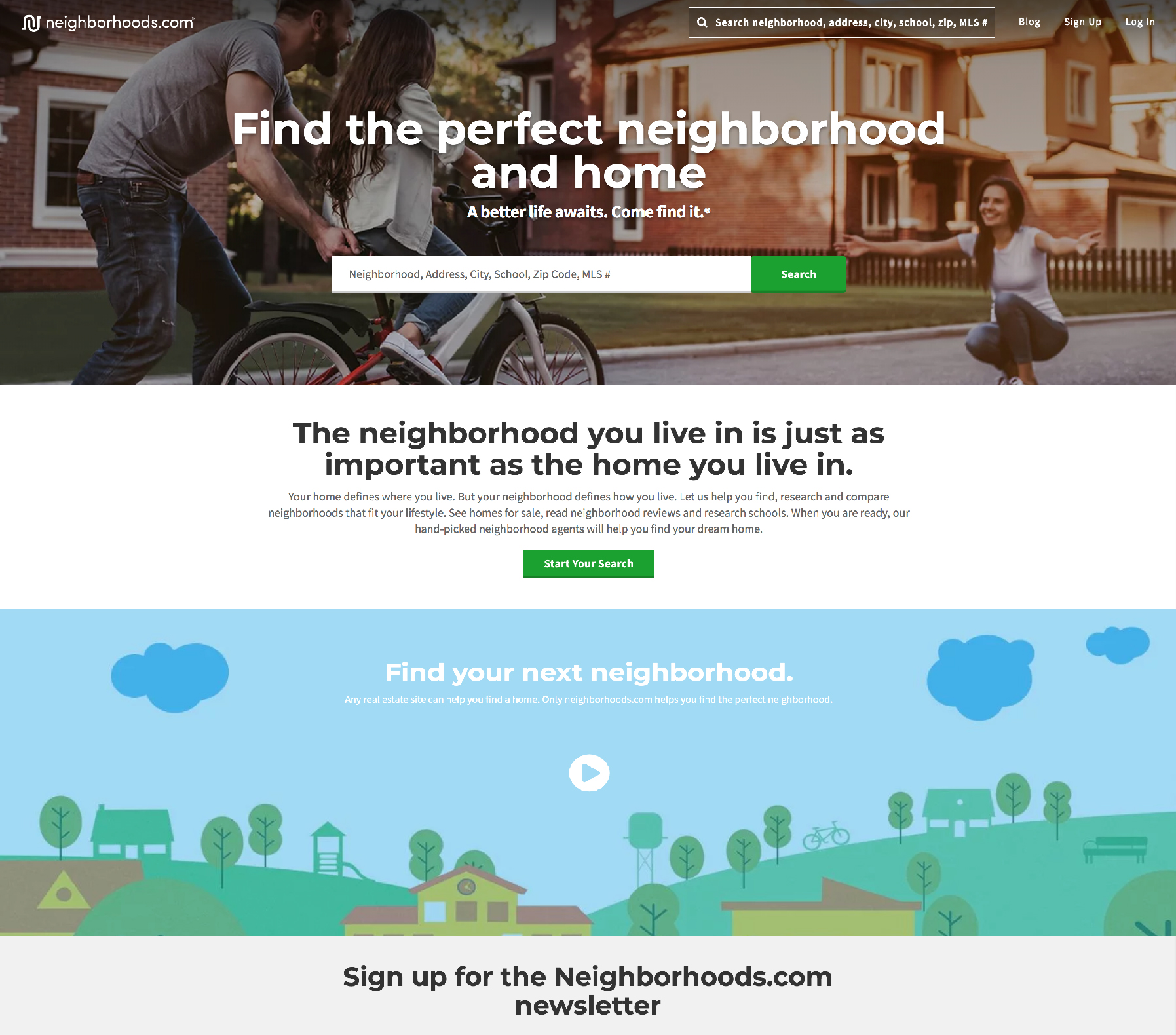 Screenshot of the homepage for neighborhoods.com with search bar and graphics.