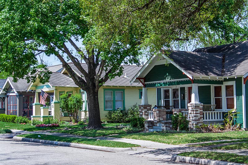 Colorful homes along a residential street in Houston Texas