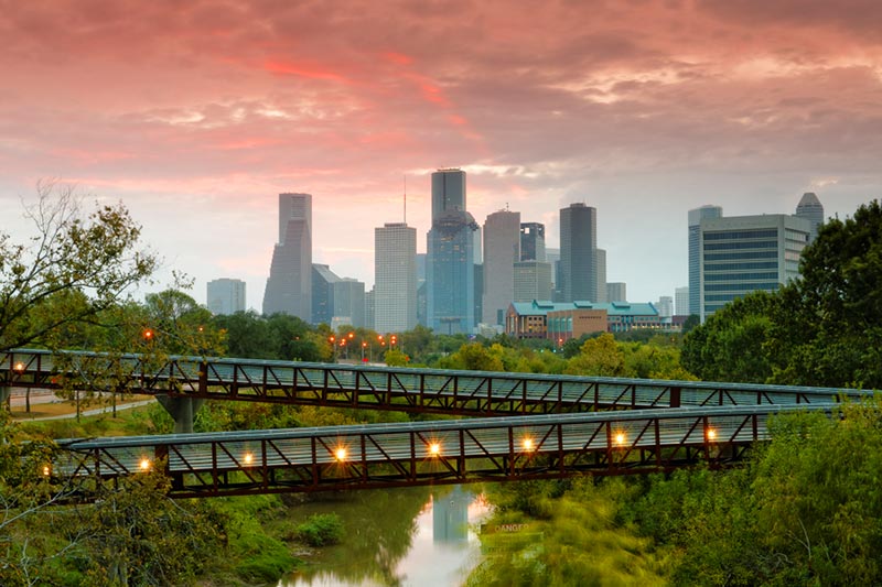 A sunrise over the Downtown Houston skyline