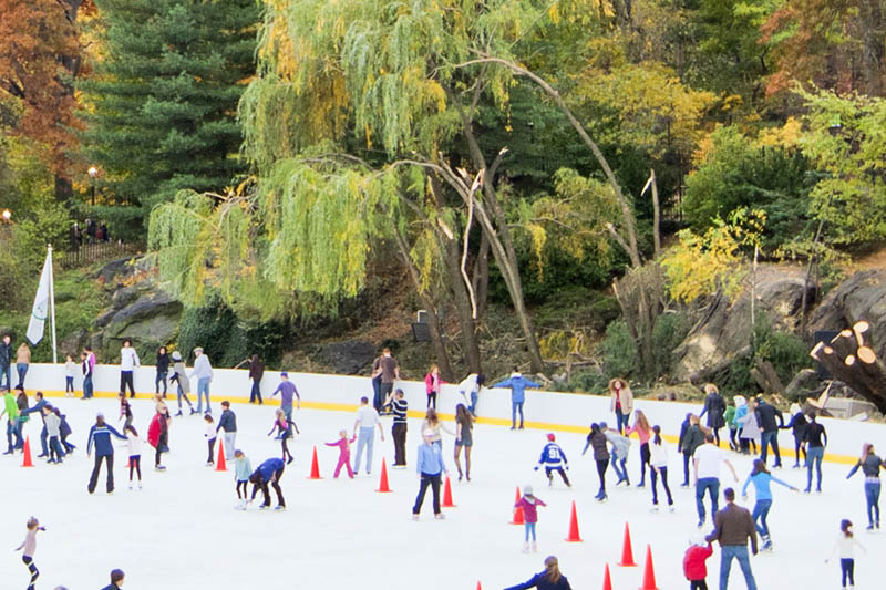 People ice skating around an outdoor skating rink with trees behind it