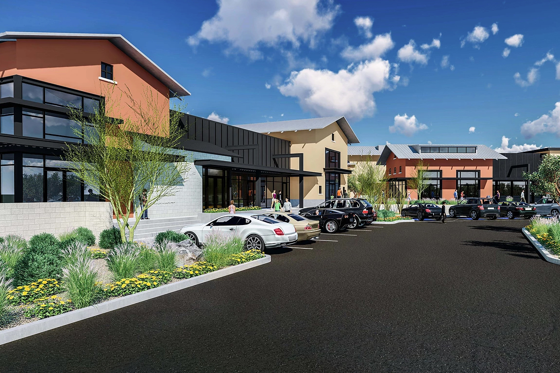 Rendering of new businesses, shops, and a parking lot that is being developed in North Peoria, AZ. 