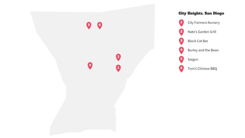 Map of businesses in City Heights, San Diego