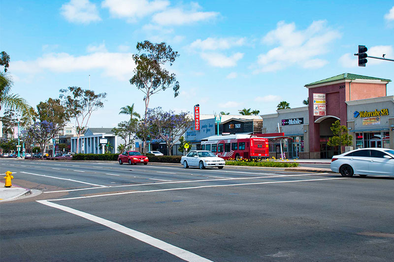 Cars on a street in the North Park neighborhood of San Diego, California